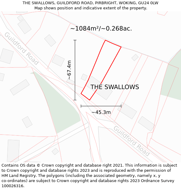 THE SWALLOWS, GUILDFORD ROAD, PIRBRIGHT, WOKING, GU24 0LW: Plot and title map