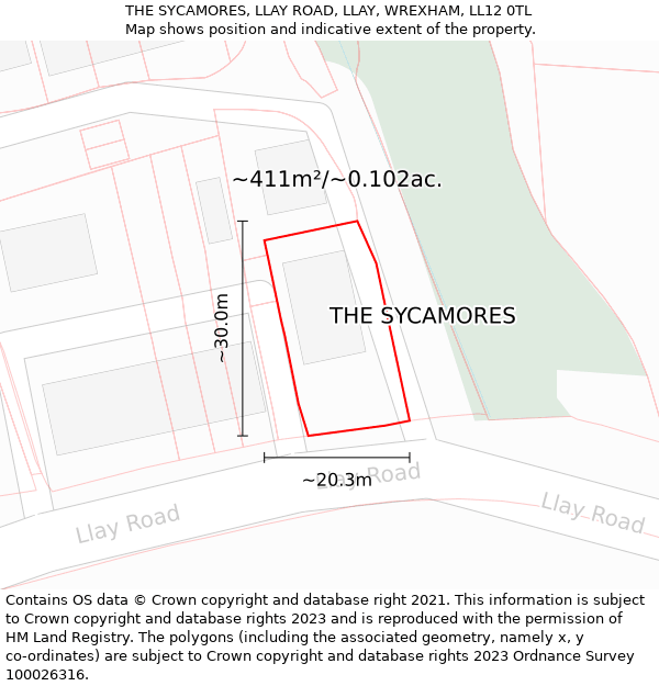 THE SYCAMORES, LLAY ROAD, LLAY, WREXHAM, LL12 0TL: Plot and title map