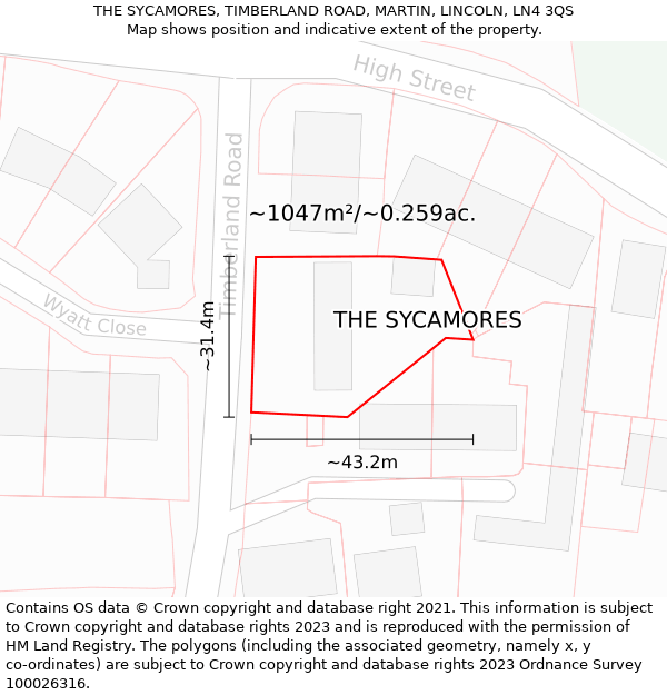THE SYCAMORES, TIMBERLAND ROAD, MARTIN, LINCOLN, LN4 3QS: Plot and title map