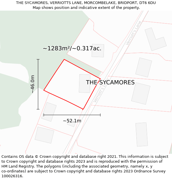 THE SYCAMORES, VERRIOTTS LANE, MORCOMBELAKE, BRIDPORT, DT6 6DU: Plot and title map