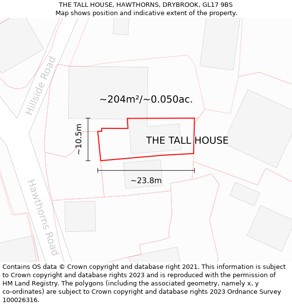 THE TALL HOUSE, HAWTHORNS, DRYBROOK, GL17 9BS: Plot and title map