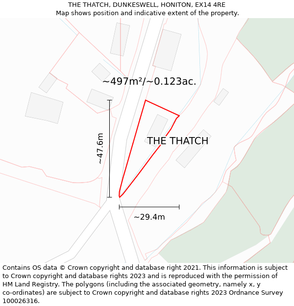 THE THATCH, DUNKESWELL, HONITON, EX14 4RE: Plot and title map