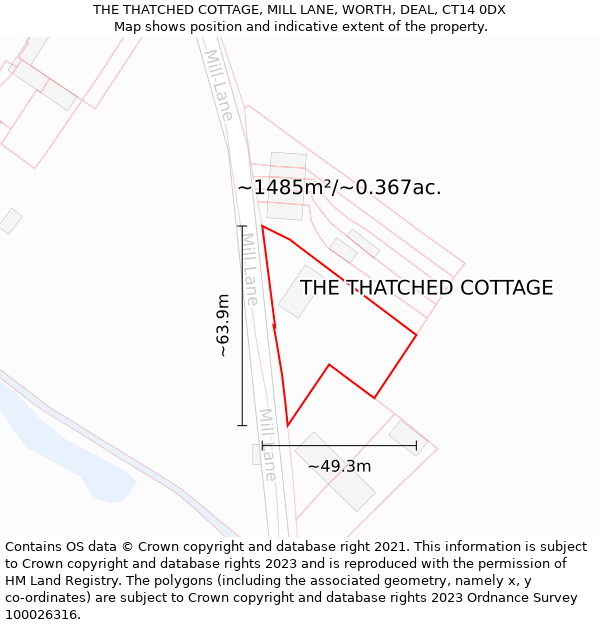 THE THATCHED COTTAGE, MILL LANE, WORTH, DEAL, CT14 0DX: Plot and title map
