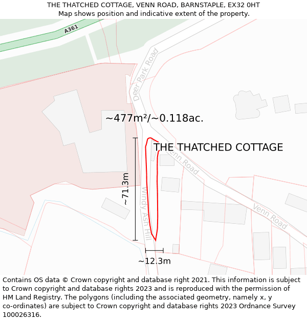 THE THATCHED COTTAGE, VENN ROAD, BARNSTAPLE, EX32 0HT: Plot and title map