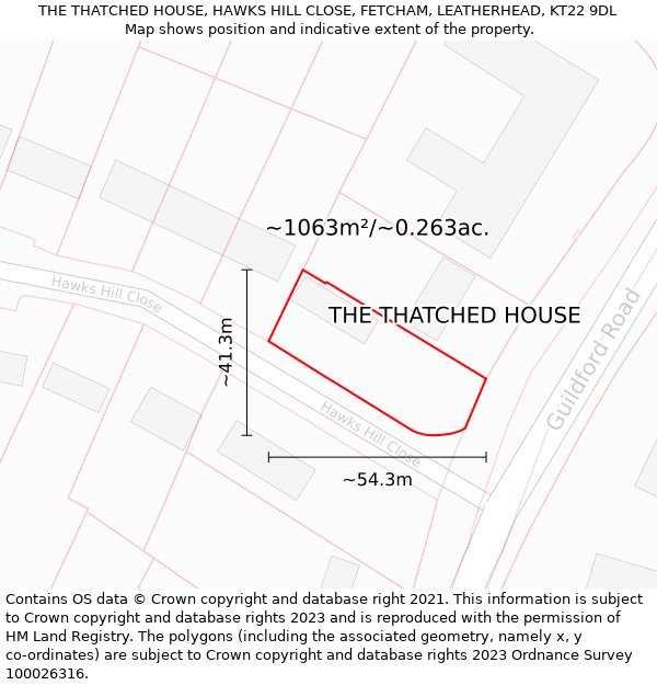 THE THATCHED HOUSE, HAWKS HILL CLOSE, FETCHAM, LEATHERHEAD, KT22 9DL: Plot and title map