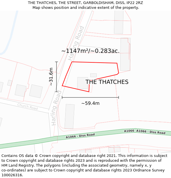 THE THATCHES, THE STREET, GARBOLDISHAM, DISS, IP22 2RZ: Plot and title map
