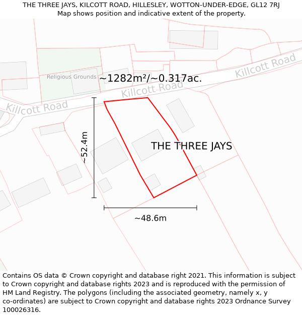 THE THREE JAYS, KILCOTT ROAD, HILLESLEY, WOTTON-UNDER-EDGE, GL12 7RJ: Plot and title map