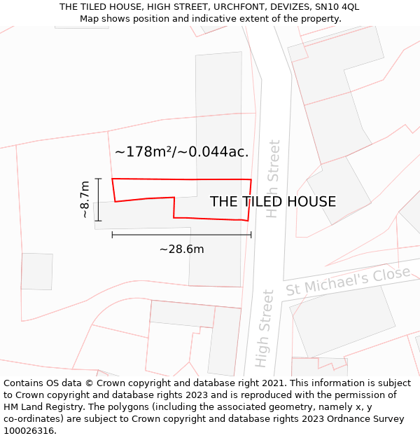 THE TILED HOUSE, HIGH STREET, URCHFONT, DEVIZES, SN10 4QL: Plot and title map