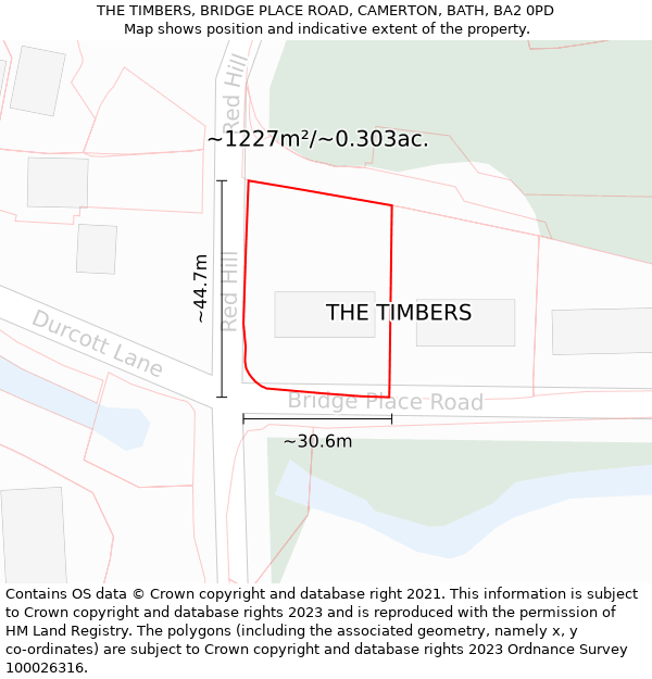 THE TIMBERS, BRIDGE PLACE ROAD, CAMERTON, BATH, BA2 0PD: Plot and title map