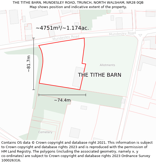 THE TITHE BARN, MUNDESLEY ROAD, TRUNCH, NORTH WALSHAM, NR28 0QB: Plot and title map