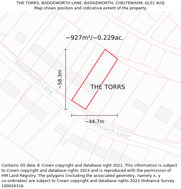 THE TORRS, BADGEWORTH LANE, BADGEWORTH, CHELTENHAM, GL51 4UQ: Plot and title map