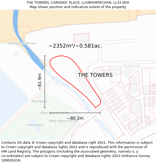 THE TOWERS, CARADOC PLACE, LLANFAIRFECHAN, LL33 0DA: Plot and title map