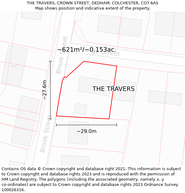 THE TRAVERS, CROWN STREET, DEDHAM, COLCHESTER, CO7 6AS: Plot and title map