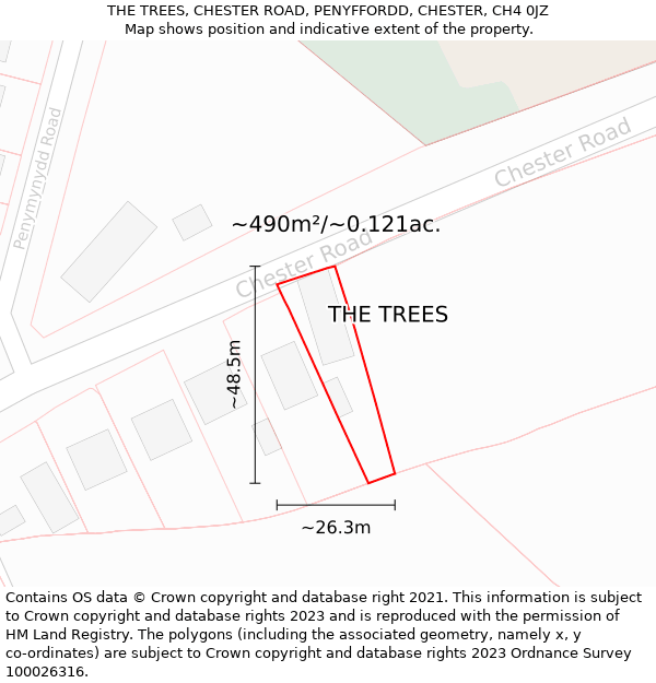 THE TREES, CHESTER ROAD, PENYFFORDD, CHESTER, CH4 0JZ: Plot and title map