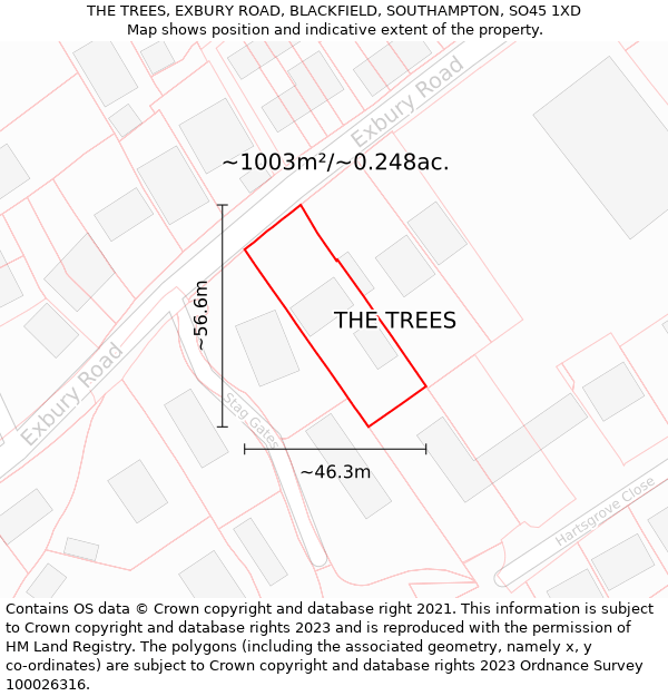 THE TREES, EXBURY ROAD, BLACKFIELD, SOUTHAMPTON, SO45 1XD: Plot and title map