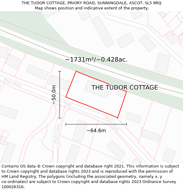 THE TUDOR COTTAGE, PRIORY ROAD, SUNNINGDALE, ASCOT, SL5 9RQ: Plot and title map