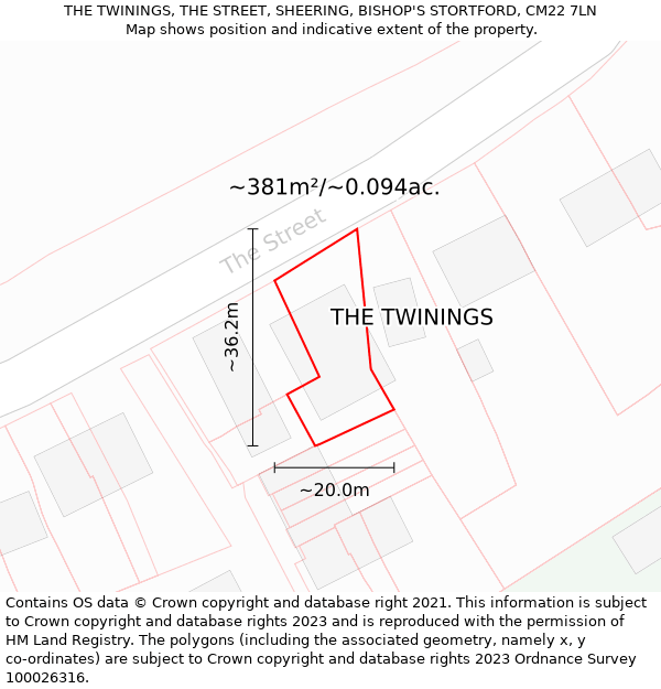 THE TWININGS, THE STREET, SHEERING, BISHOP'S STORTFORD, CM22 7LN: Plot and title map