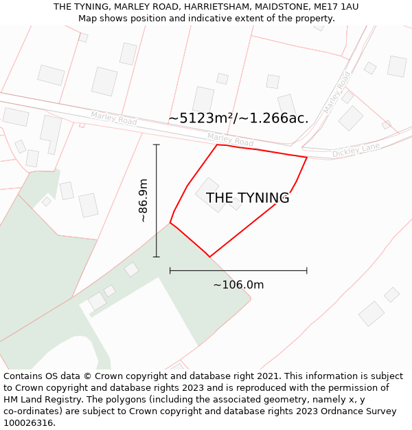 THE TYNING, MARLEY ROAD, HARRIETSHAM, MAIDSTONE, ME17 1AU: Plot and title map