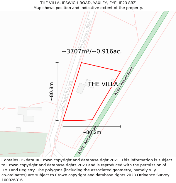 THE VILLA, IPSWICH ROAD, YAXLEY, EYE, IP23 8BZ: Plot and title map