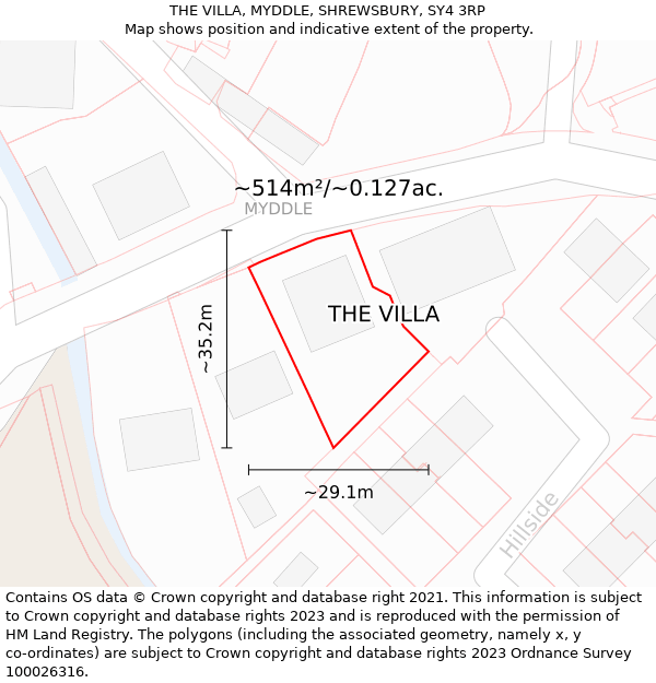 THE VILLA, MYDDLE, SHREWSBURY, SY4 3RP: Plot and title map