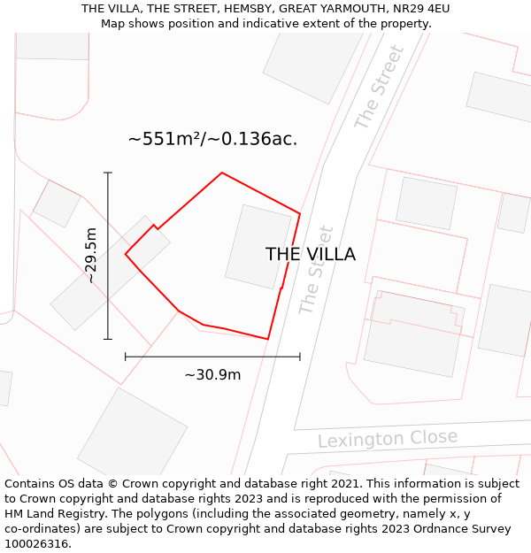 THE VILLA, THE STREET, HEMSBY, GREAT YARMOUTH, NR29 4EU: Plot and title map