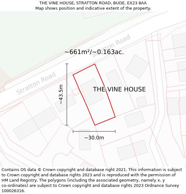THE VINE HOUSE, STRATTON ROAD, BUDE, EX23 8AA: Plot and title map
