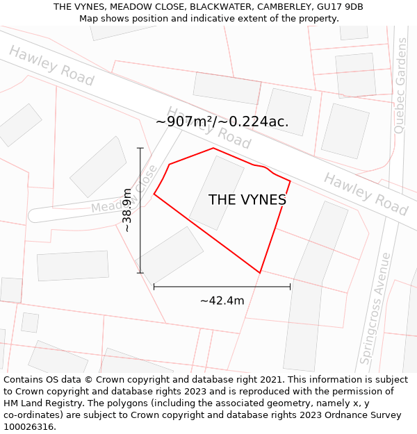 THE VYNES, MEADOW CLOSE, BLACKWATER, CAMBERLEY, GU17 9DB: Plot and title map