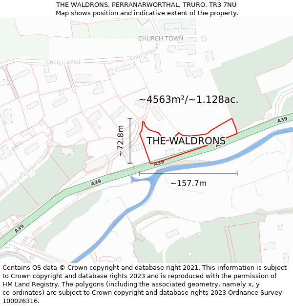 THE WALDRONS, PERRANARWORTHAL, TRURO, TR3 7NU: Plot and title map