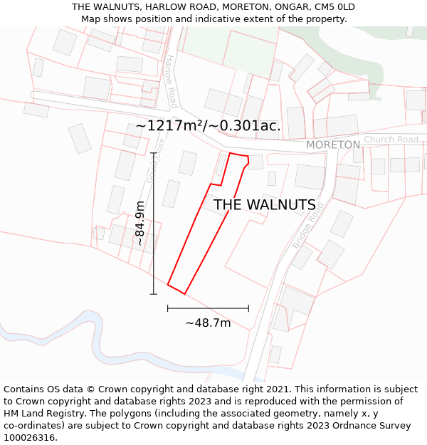 THE WALNUTS, HARLOW ROAD, MORETON, ONGAR, CM5 0LD: Plot and title map