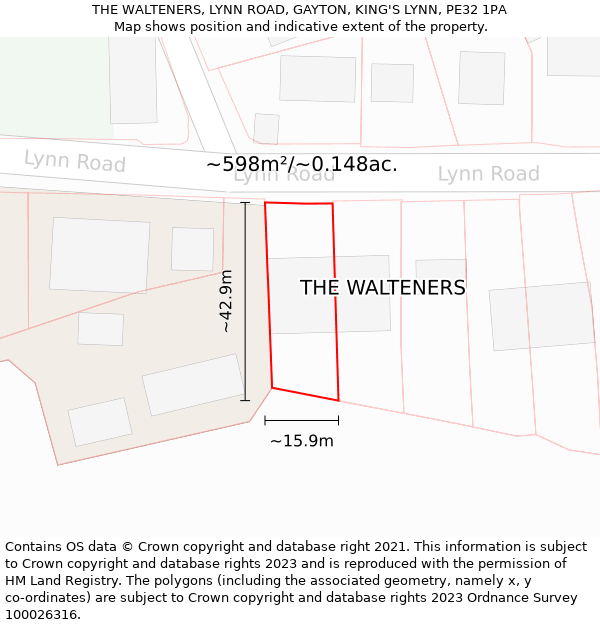 THE WALTENERS, LYNN ROAD, GAYTON, KING'S LYNN, PE32 1PA: Plot and title map