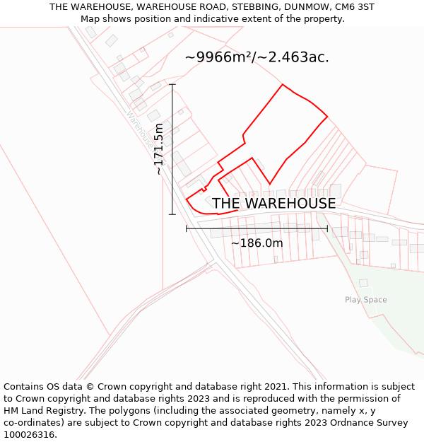 THE WAREHOUSE, WAREHOUSE ROAD, STEBBING, DUNMOW, CM6 3ST: Plot and title map