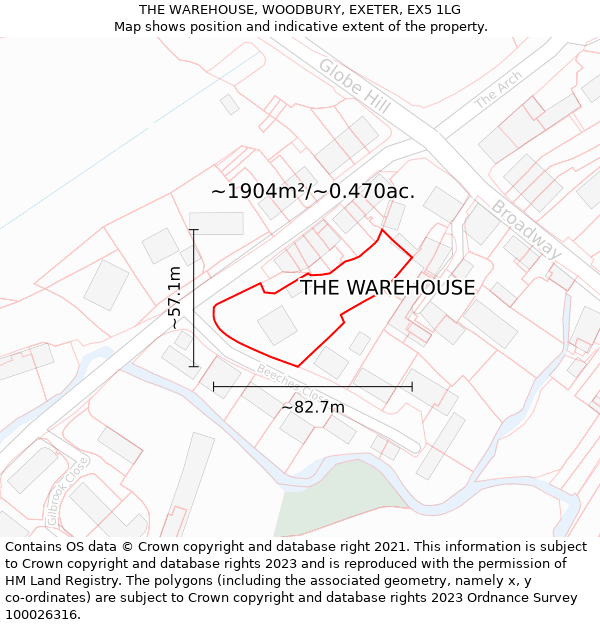 THE WAREHOUSE, WOODBURY, EXETER, EX5 1LG: Plot and title map