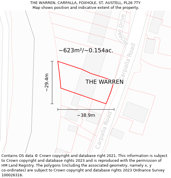 THE WARREN, CARPALLA, FOXHOLE, ST. AUSTELL, PL26 7TY: Plot and title map