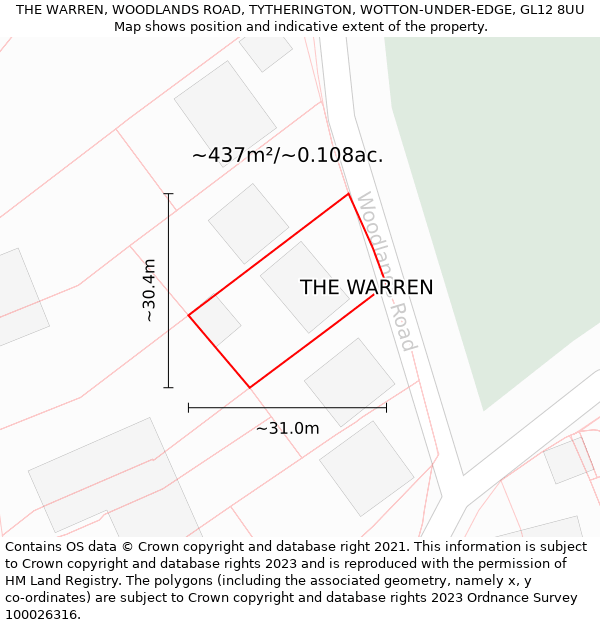 THE WARREN, WOODLANDS ROAD, TYTHERINGTON, WOTTON-UNDER-EDGE, GL12 8UU: Plot and title map