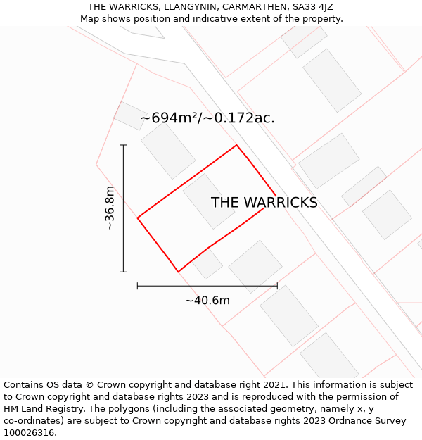 THE WARRICKS, LLANGYNIN, CARMARTHEN, SA33 4JZ: Plot and title map