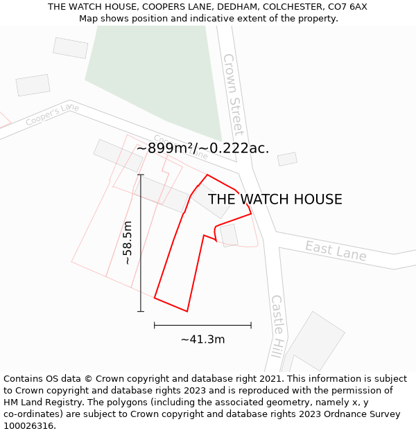 THE WATCH HOUSE, COOPERS LANE, DEDHAM, COLCHESTER, CO7 6AX: Plot and title map