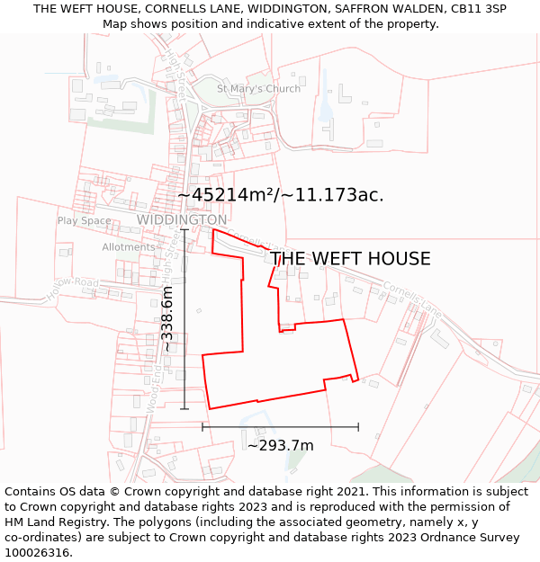 THE WEFT HOUSE, CORNELLS LANE, WIDDINGTON, SAFFRON WALDEN, CB11 3SP: Plot and title map