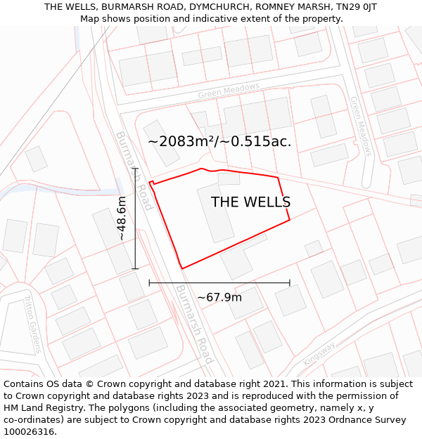 THE WELLS, BURMARSH ROAD, DYMCHURCH, ROMNEY MARSH, TN29 0JT: Plot and title map