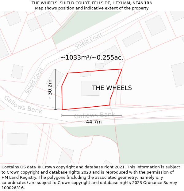 THE WHEELS, SHIELD COURT, FELLSIDE, HEXHAM, NE46 1RA: Plot and title map