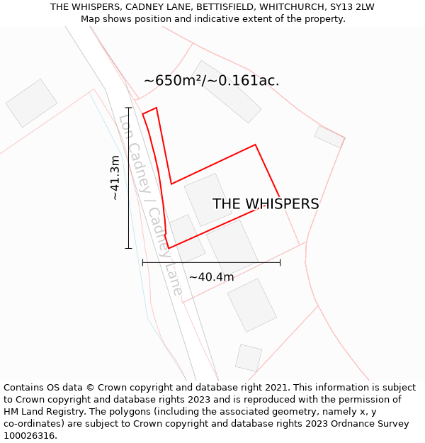 THE WHISPERS, CADNEY LANE, BETTISFIELD, WHITCHURCH, SY13 2LW: Plot and title map