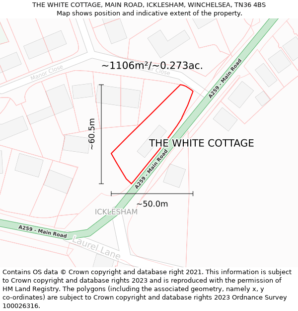 THE WHITE COTTAGE, MAIN ROAD, ICKLESHAM, WINCHELSEA, TN36 4BS: Plot and title map