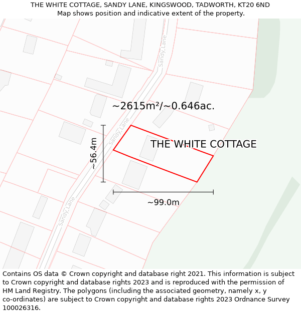 THE WHITE COTTAGE, SANDY LANE, KINGSWOOD, TADWORTH, KT20 6ND: Plot and title map