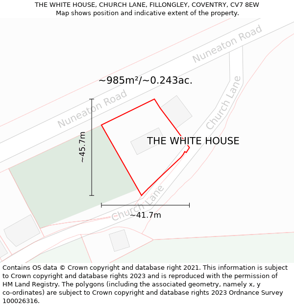 THE WHITE HOUSE, CHURCH LANE, FILLONGLEY, COVENTRY, CV7 8EW: Plot and title map