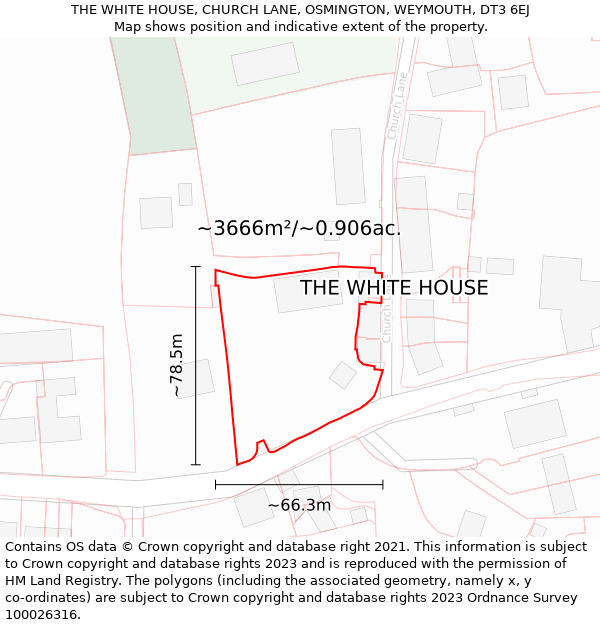THE WHITE HOUSE, CHURCH LANE, OSMINGTON, WEYMOUTH, DT3 6EJ: Plot and title map