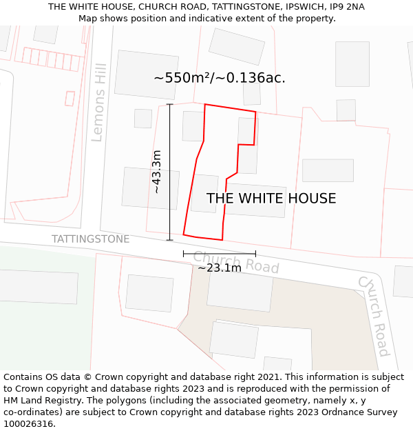 THE WHITE HOUSE, CHURCH ROAD, TATTINGSTONE, IPSWICH, IP9 2NA: Plot and title map