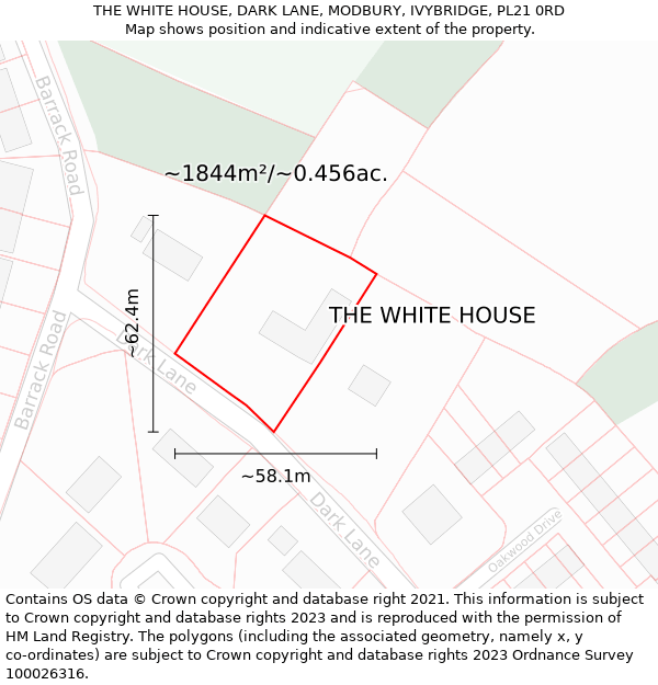 THE WHITE HOUSE, DARK LANE, MODBURY, IVYBRIDGE, PL21 0RD: Plot and title map