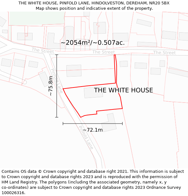 THE WHITE HOUSE, PINFOLD LANE, HINDOLVESTON, DEREHAM, NR20 5BX: Plot and title map