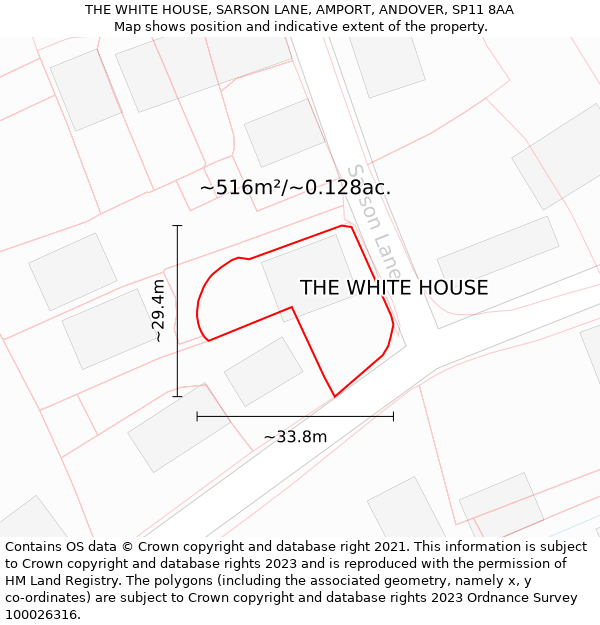 THE WHITE HOUSE, SARSON LANE, AMPORT, ANDOVER, SP11 8AA: Plot and title map