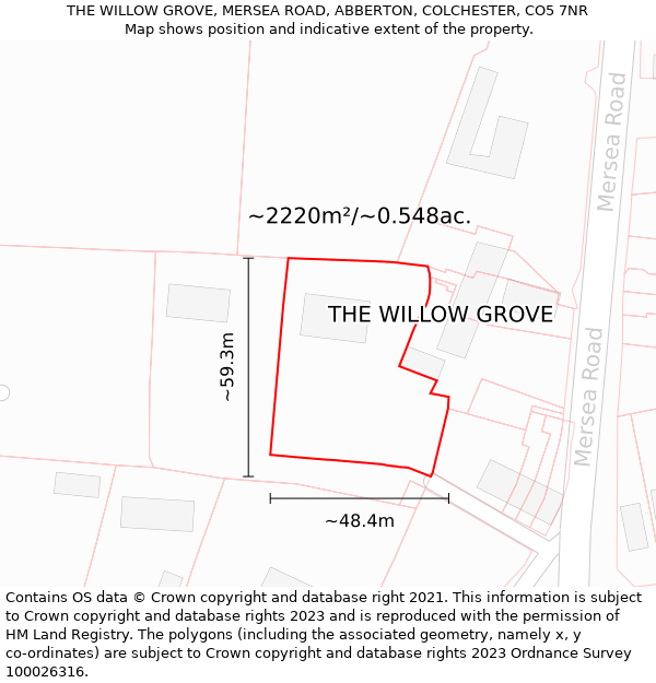 THE WILLOW GROVE, MERSEA ROAD, ABBERTON, COLCHESTER, CO5 7NR: Plot and title map
