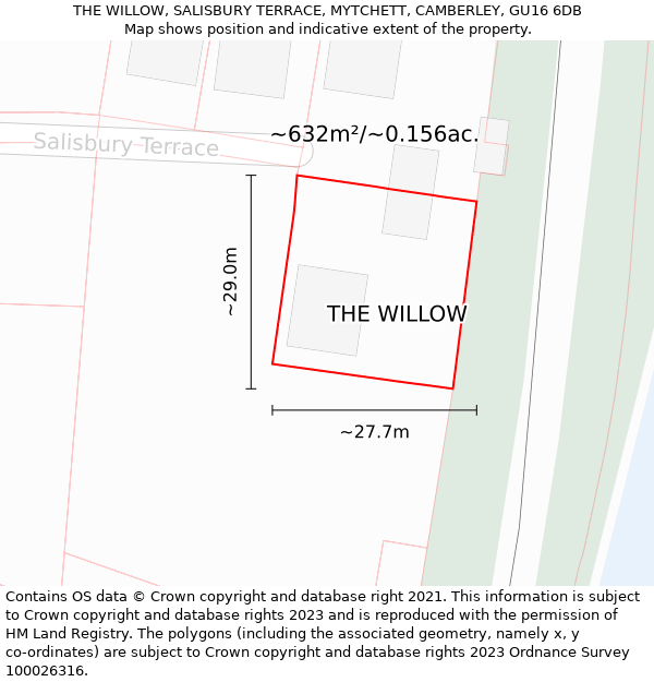 THE WILLOW, SALISBURY TERRACE, MYTCHETT, CAMBERLEY, GU16 6DB: Plot and title map